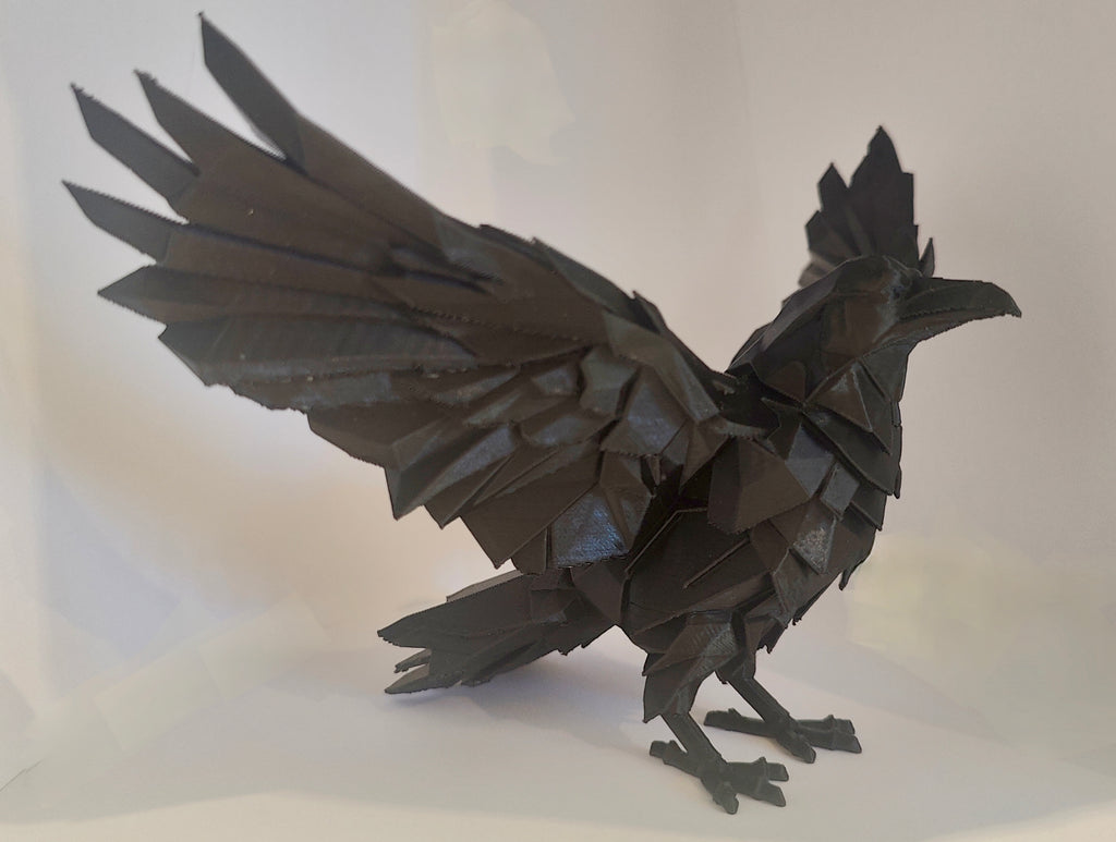 Striking 3D Printed Raven Sculpture – Dark Geometric Art Piece