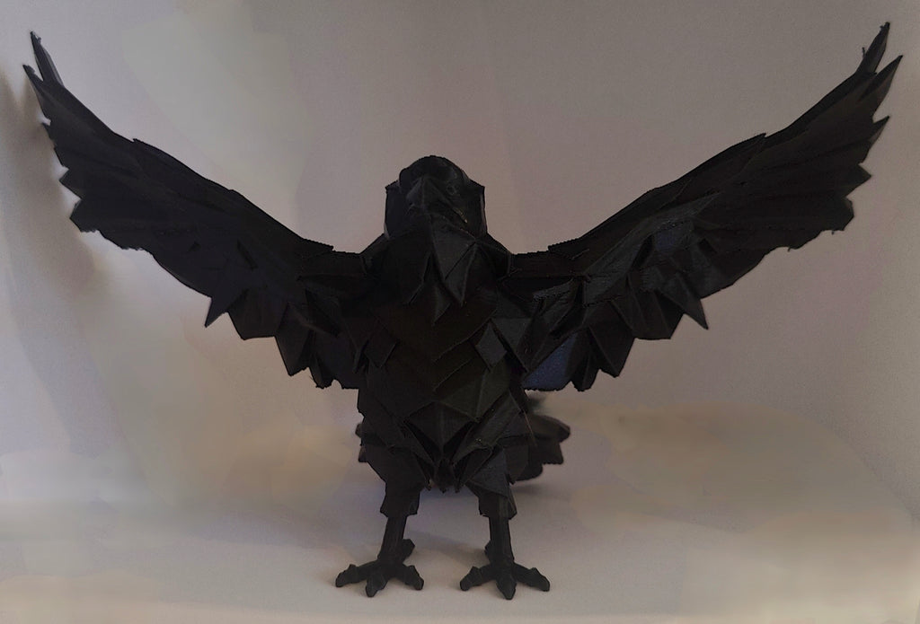 Striking 3D Printed Raven Sculpture – Dark Geometric Art Piece